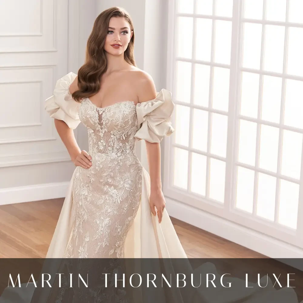 Model wearing a gown by Martin Thornburg Luxe