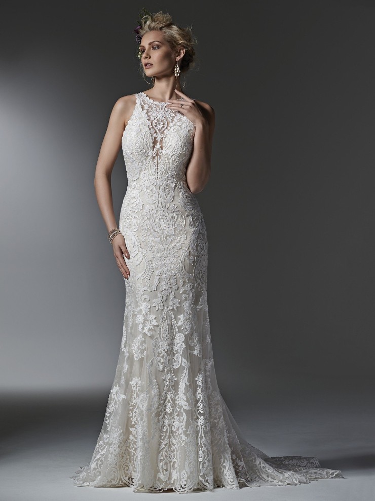 Sottero and Midgley Style #Winifred Halter Lace Sheath Wedding Dress with Deep V Back Default Thumbnail Image